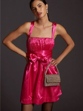 Anthropologie Maeve Bow-Tie Satin Mini Dress Pink - Barbie-Core, Party- Size 10